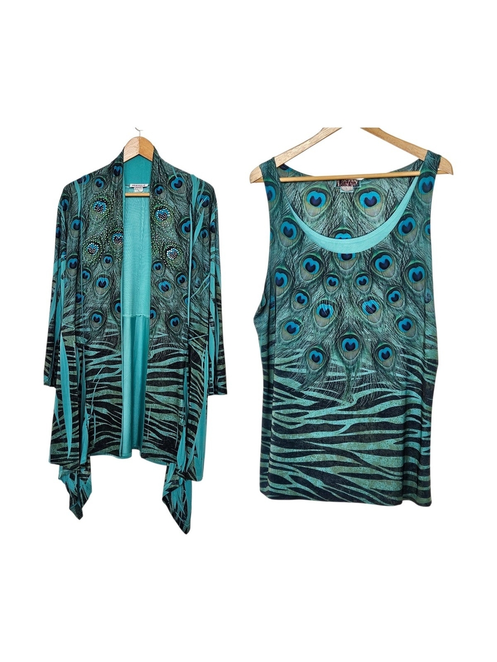Reina Peacock Feather Print Tank & Drape Cardigan Set